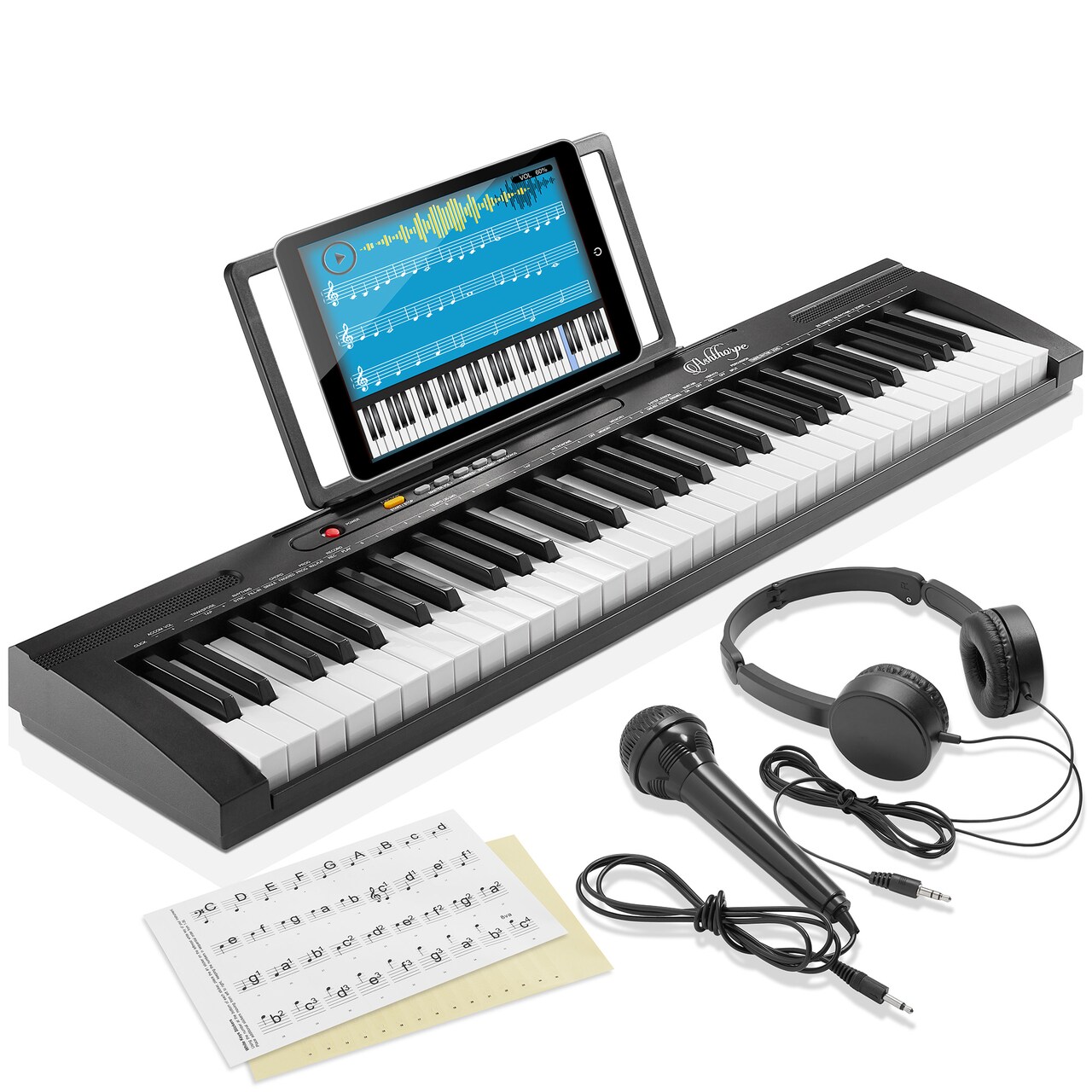 Ashthorpe 61-Key Electronic Keyboard Piano for Beginners, Digital Piano Keyboard Set Includes Headphones, Microphone, and Keynote Stickers